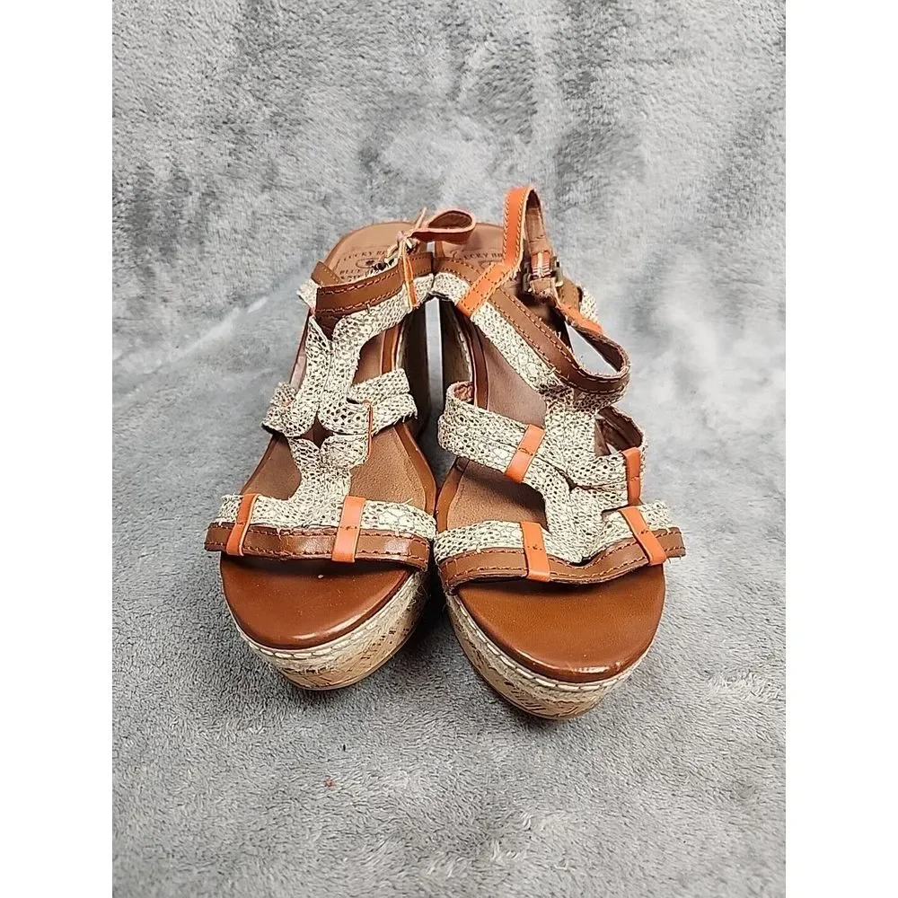 Lucky Brand High heel wedge sandals White and‎ tan strappy open toe size 8.5 - Picture 2 of 10